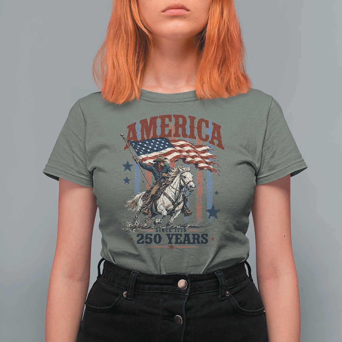 250 Years Since 1776 Cowboy on Horseback T Shirt For Women Vintage Patriotic Western Style American Flag Semiquincentennial