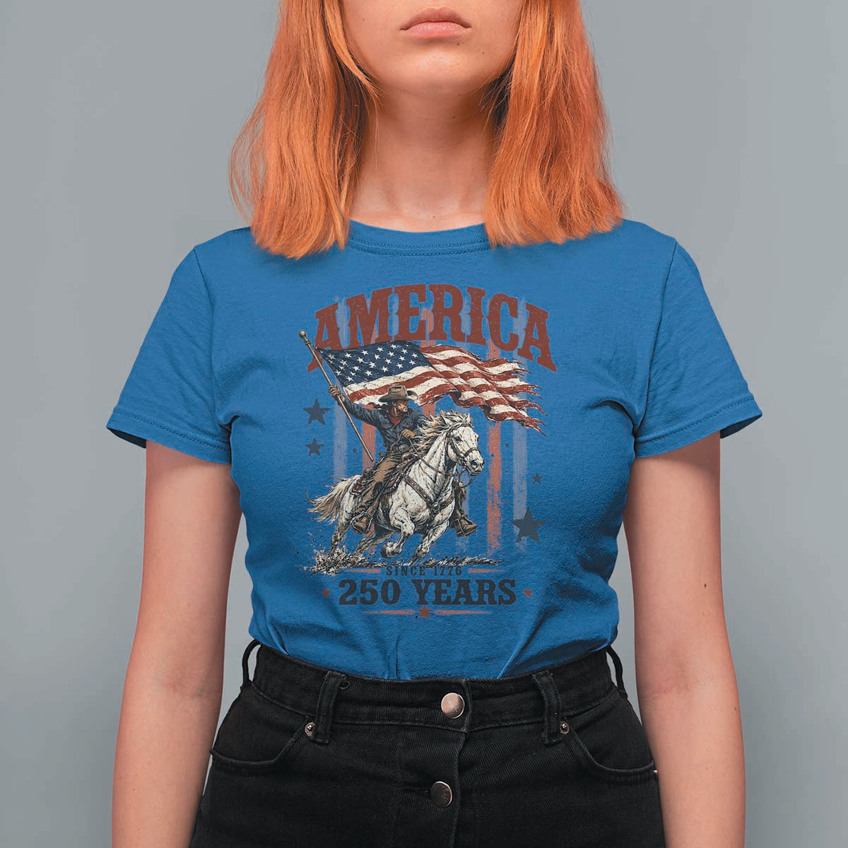 250 Years Since 1776 Cowboy on Horseback T Shirt For Women Vintage Patriotic Western Style American Flag Semiquincentennial