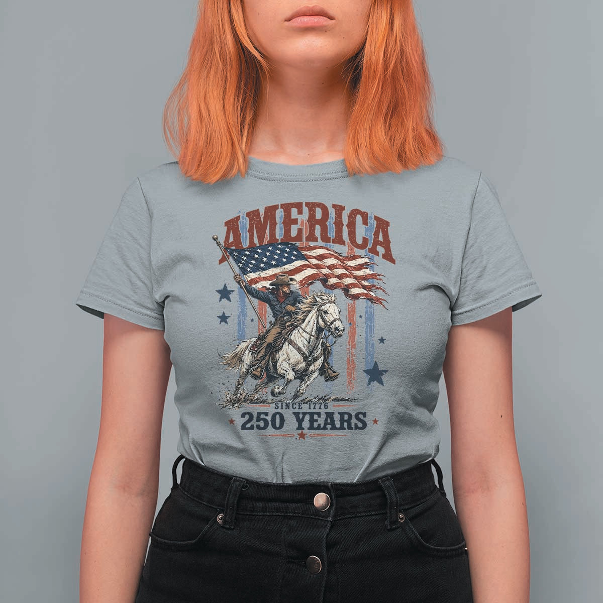 250 Years Since 1776 Cowboy on Horseback T Shirt For Women Vintage Patriotic Western Style American Flag Semiquincentennial