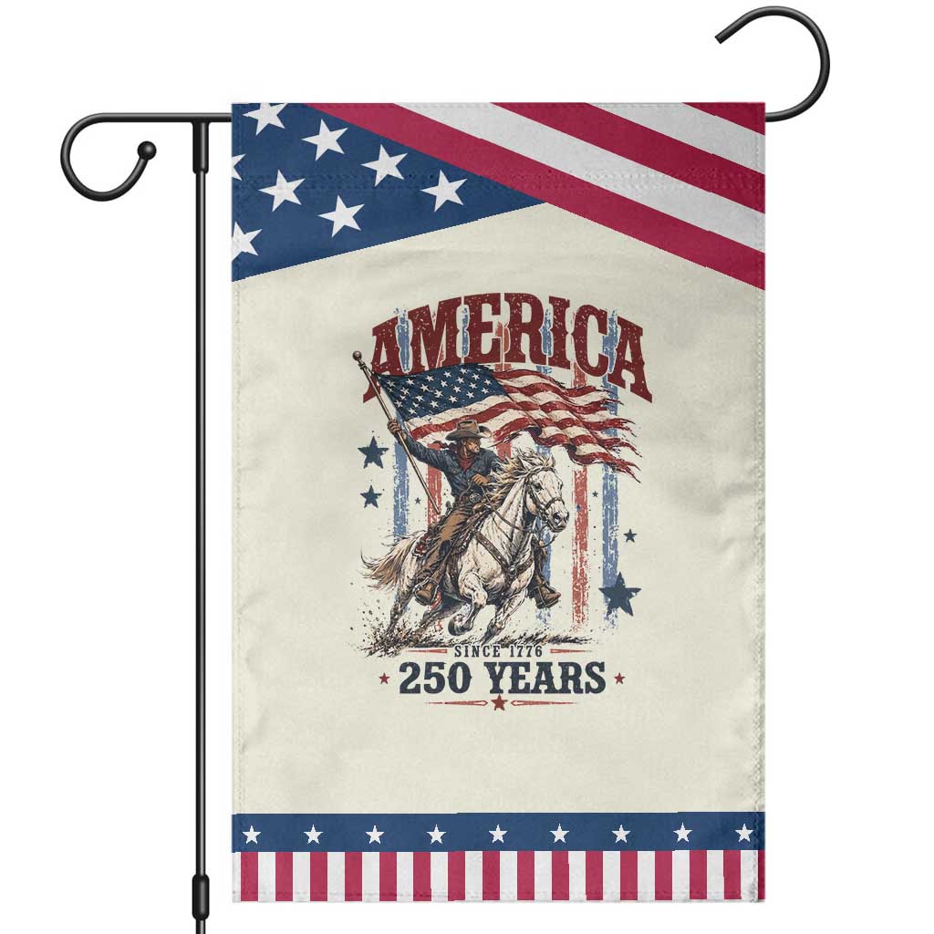 250 Years Since 1776 Cowboy on Horseback Patriotic Garden Flag Vintage Western Style American Flag Semiquincentennial
