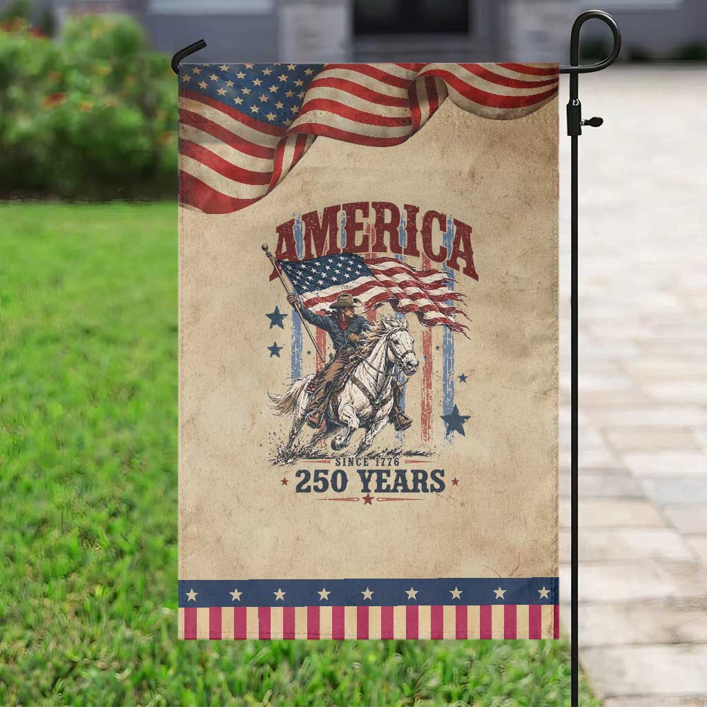 250 Years Since 1776 Cowboy on Horseback Patriotic Garden Flag Vintage Western Style American Flag Semiquincentennial