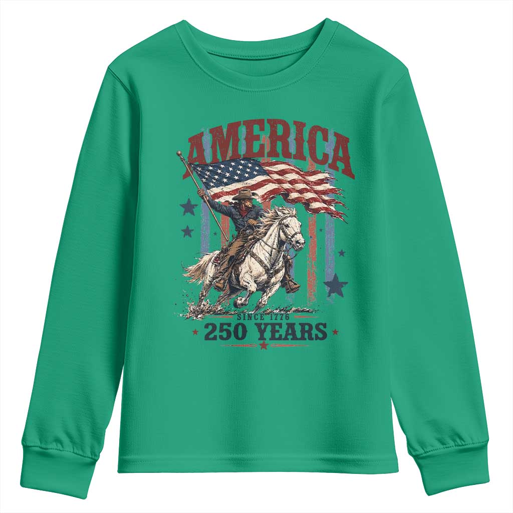 250 Years Since 1776 Cowboy on Horseback Youth Sweatshirt Vintage Patriotic Western Style American Flag Semiquincentennial