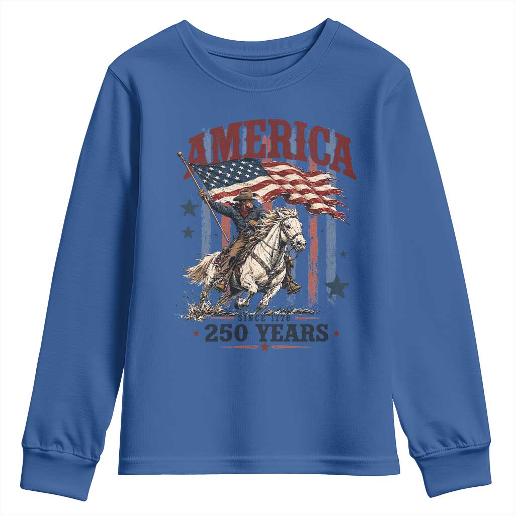 250 Years Since 1776 Cowboy on Horseback Youth Sweatshirt Vintage Patriotic Western Style American Flag Semiquincentennial