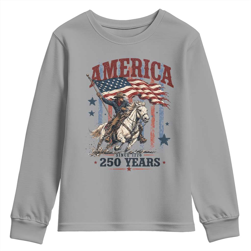 250 Years Since 1776 Cowboy on Horseback Youth Sweatshirt Vintage Patriotic Western Style American Flag Semiquincentennial
