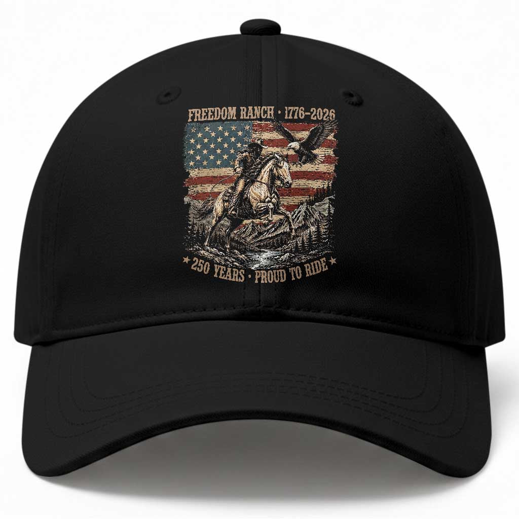 Vintage Cowboy and Soaring Eagle Freedom Ranch 1776 to 2026 Baseball Cap Proud to Ride American Flag 250th Anniversary