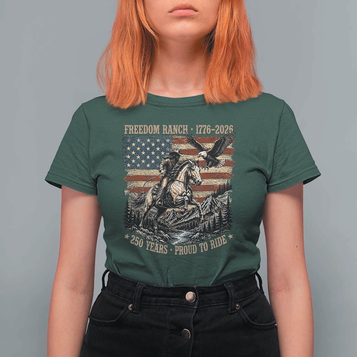 Vintage Cowboy and Soaring Eagle Freedom Ranch 1776 to 2026 T Shirt For Women Proud to Ride American Flag 250th Anniversary