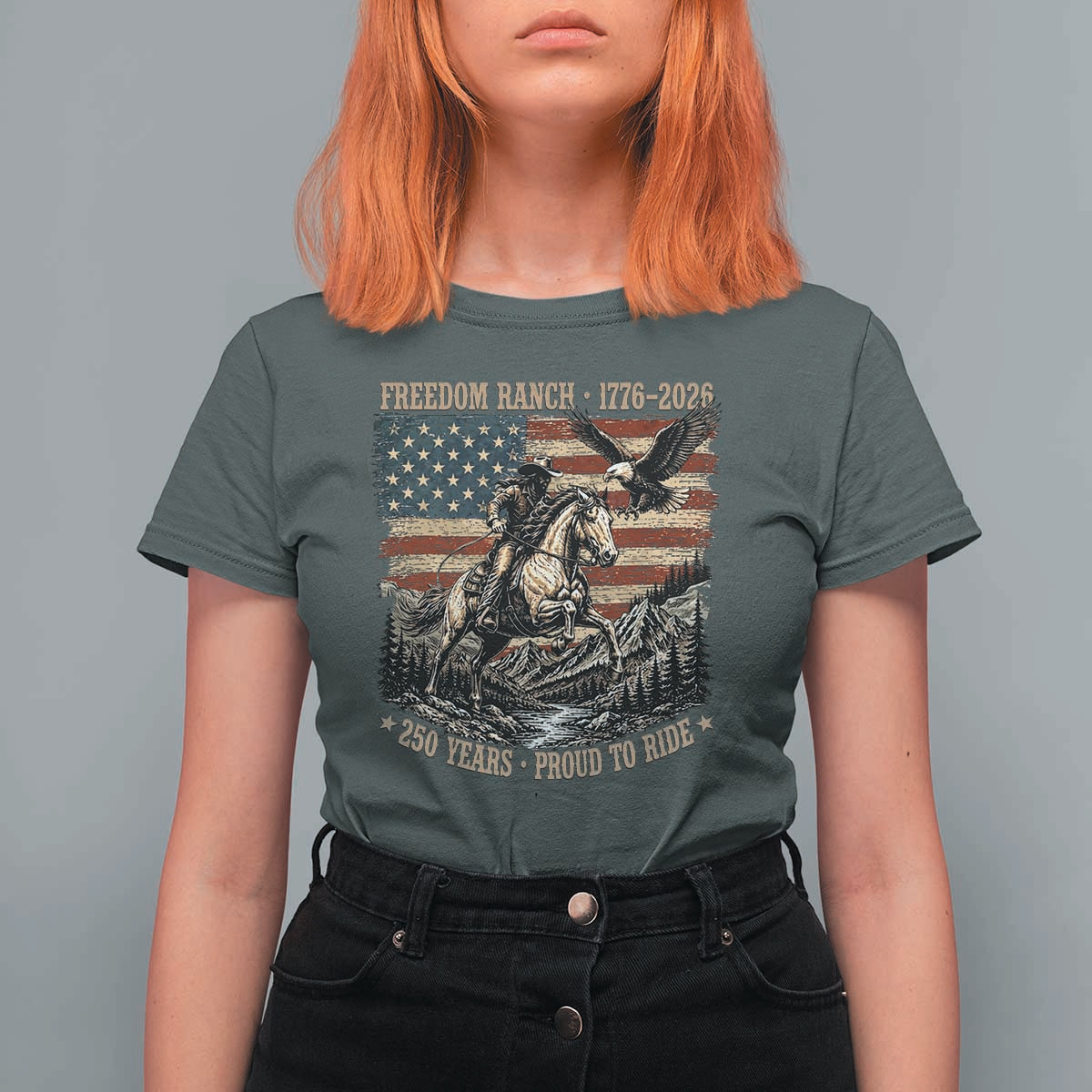 Vintage Cowboy and Soaring Eagle Freedom Ranch 1776 to 2026 T Shirt For Women Proud to Ride American Flag 250th Anniversary