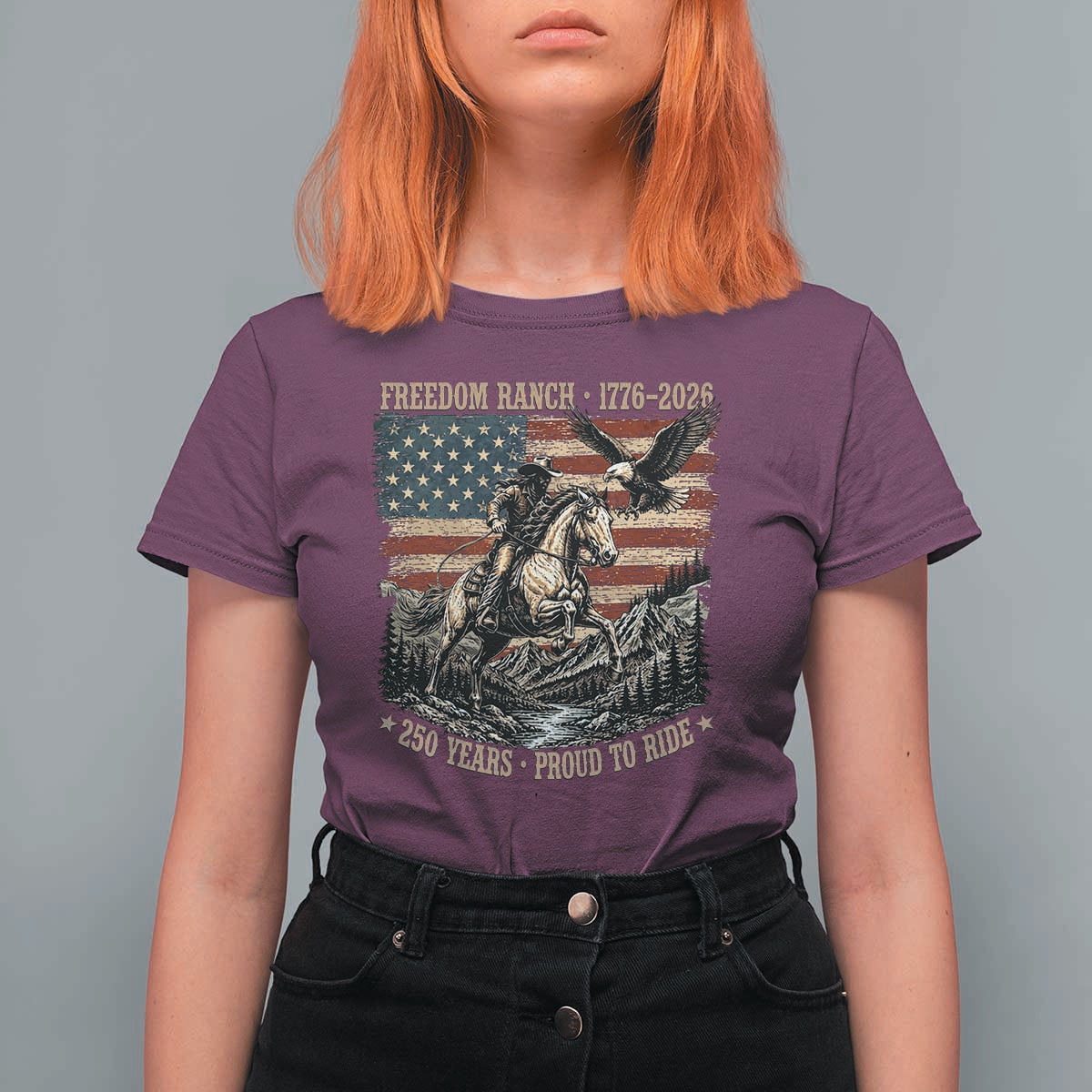 Vintage Cowboy and Soaring Eagle Freedom Ranch 1776 to 2026 T Shirt For Women Proud to Ride American Flag 250th Anniversary