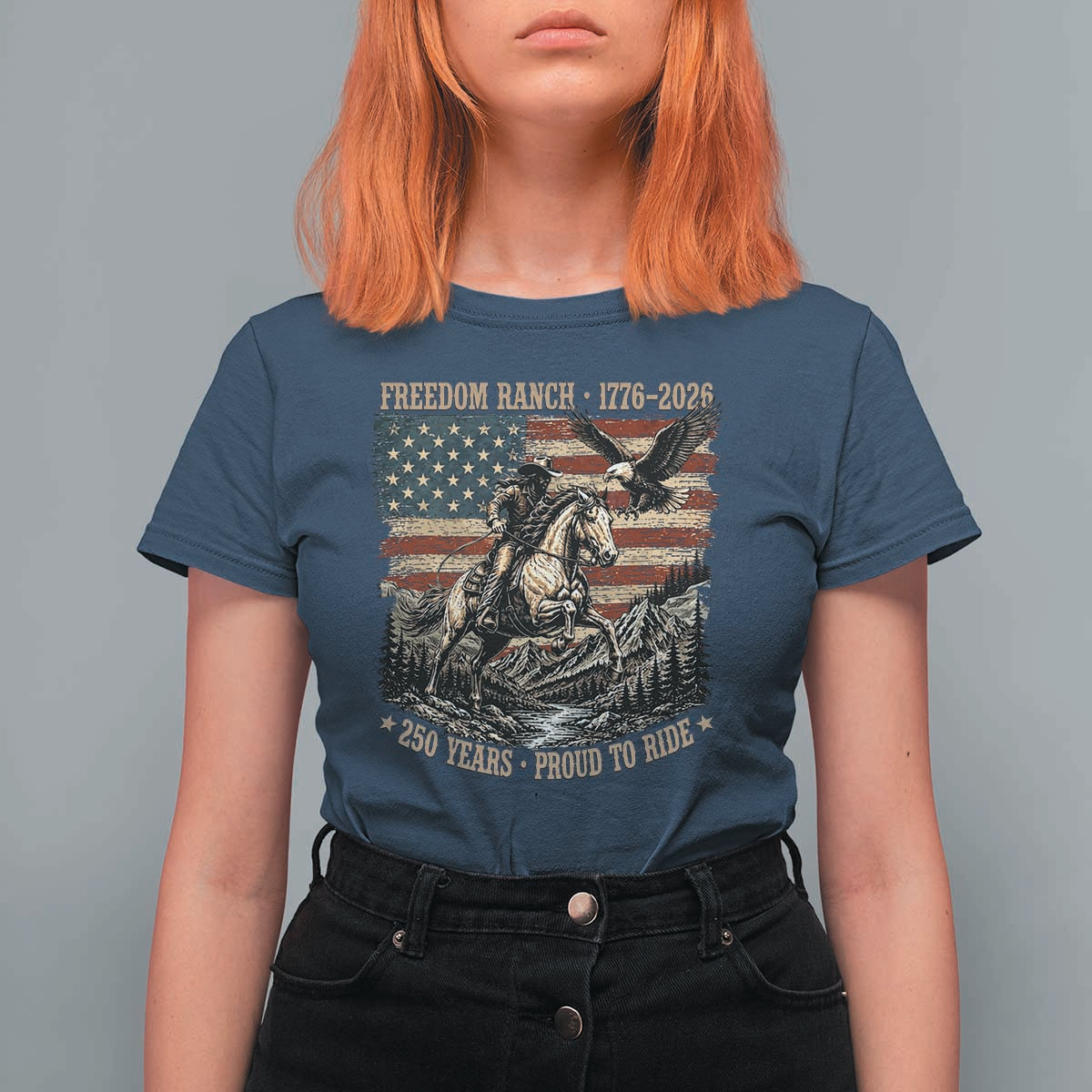 Vintage Cowboy and Soaring Eagle Freedom Ranch 1776 to 2026 T Shirt For Women Proud to Ride American Flag 250th Anniversary