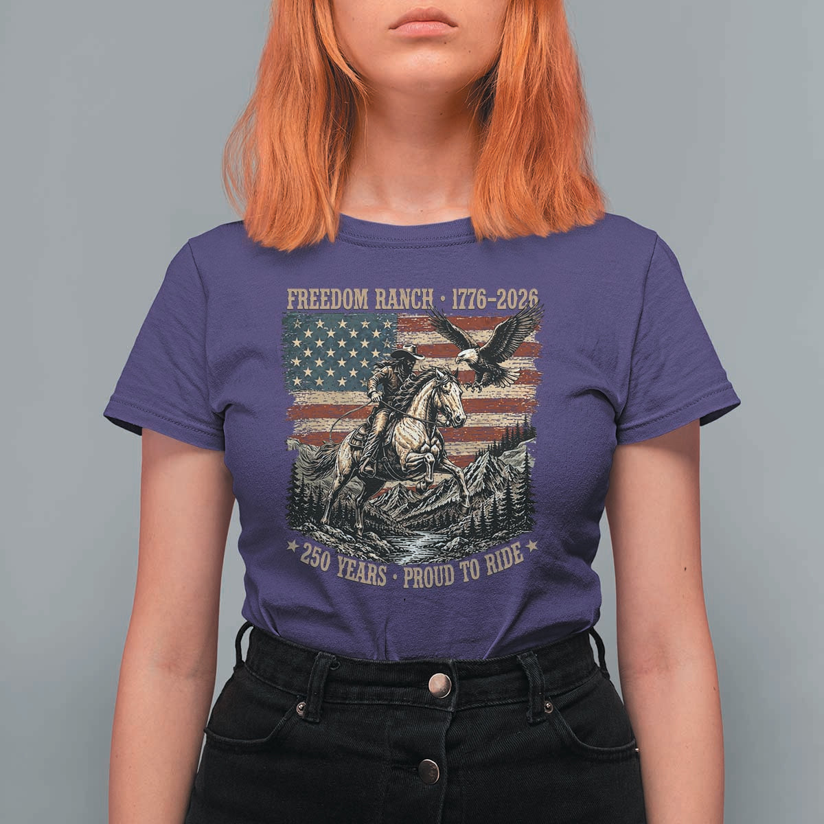 Vintage Cowboy and Soaring Eagle Freedom Ranch 1776 to 2026 T Shirt For Women Proud to Ride American Flag 250th Anniversary