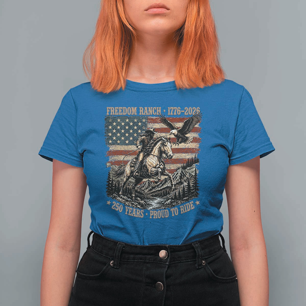 Vintage Cowboy and Soaring Eagle Freedom Ranch 1776 to 2026 T Shirt For Women Proud to Ride American Flag 250th Anniversary
