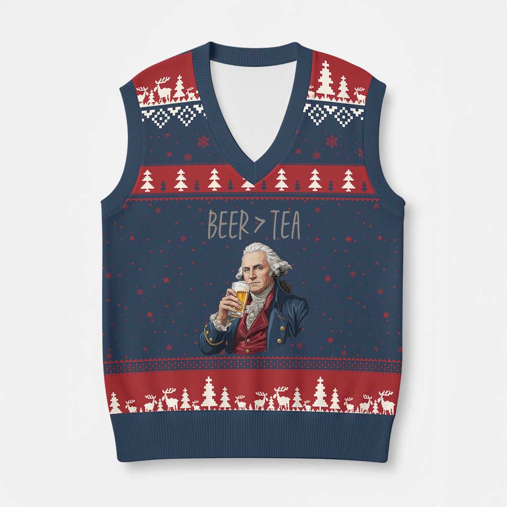 Beer Greater Than Tea Funny Founding Fathers V-Neck Knit Sweater Vest American History Drinking Boston Tea Party Sarcasm