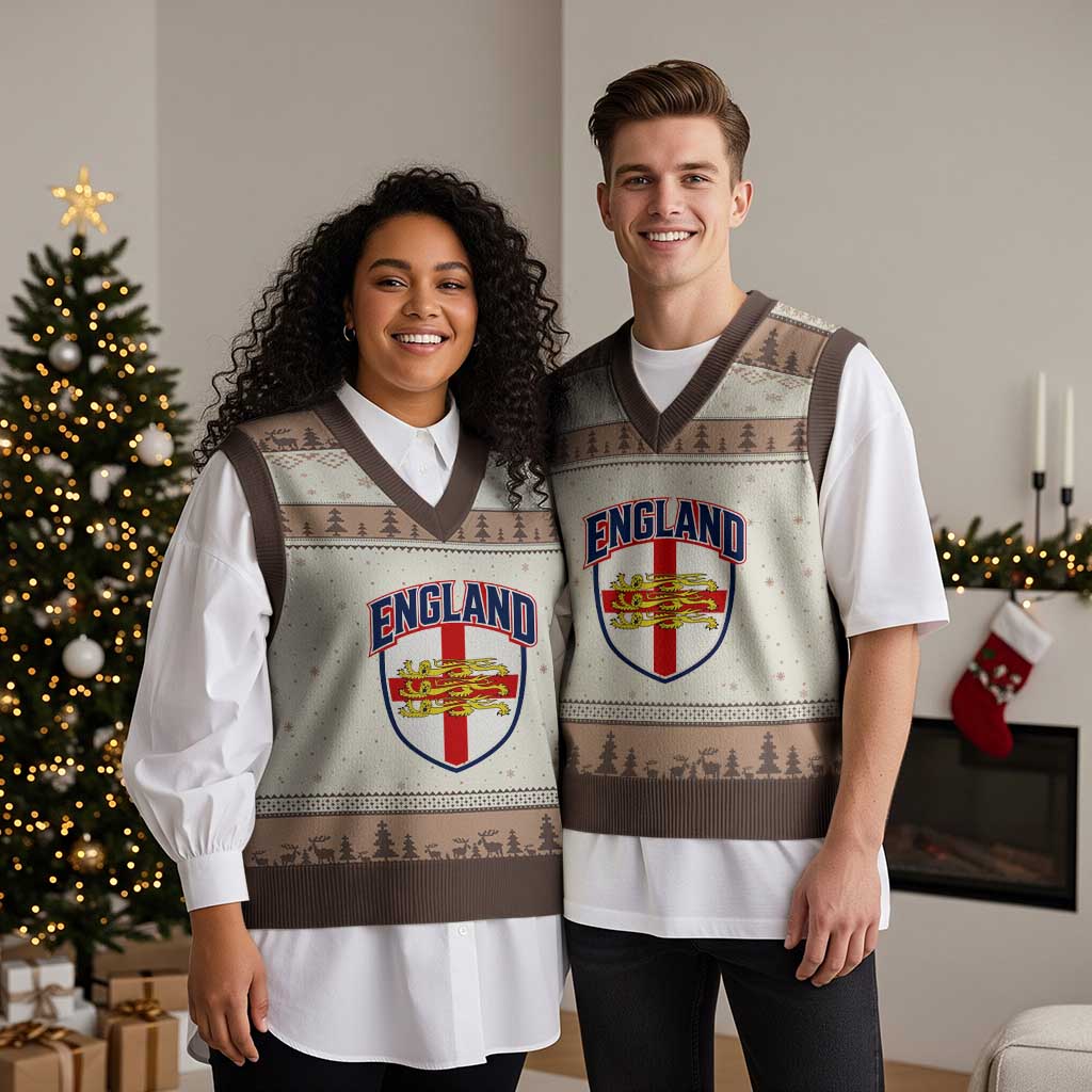 England Flag Lion Crest St George Cross Shield Crest V-Neck Knit Sweater Vest Vintage Patriotic English Sport Fan Graphic