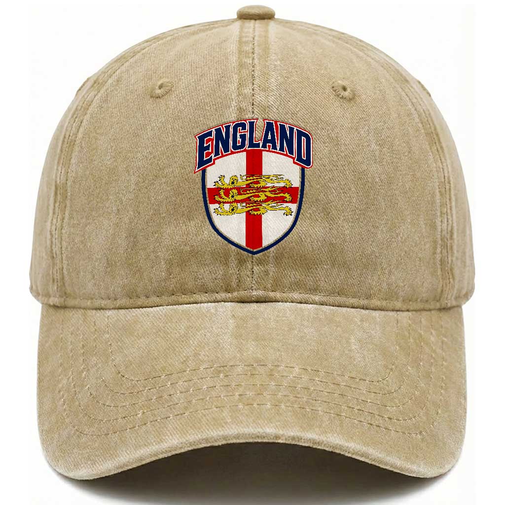 England Flag Lion Crest St George Cross Shield Crest Washed Cotton Baseball Cap Vintage Patriotic English Sport Fan Graphic