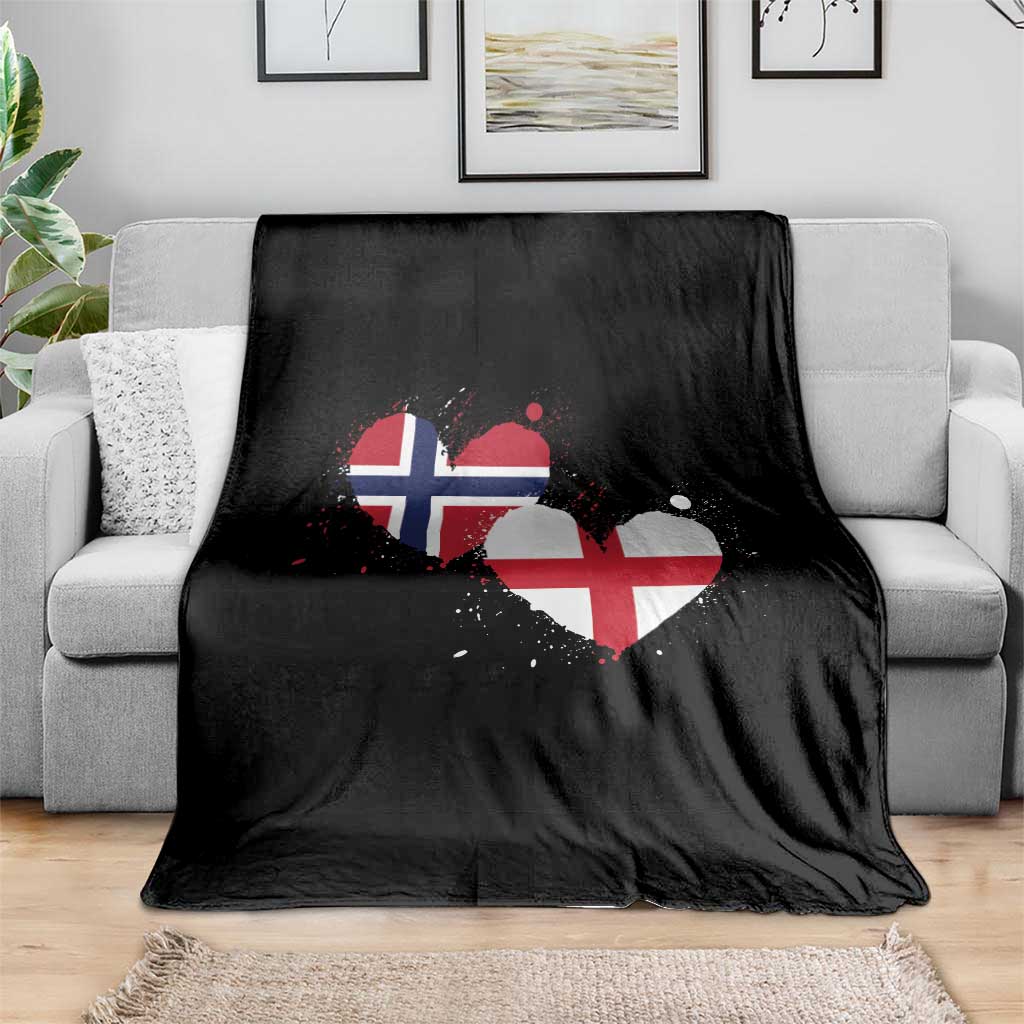Distressed Norway and England Crossed Flags Dual Heart Graphic Throw Blanket Love Half Norwegian Half English Pride