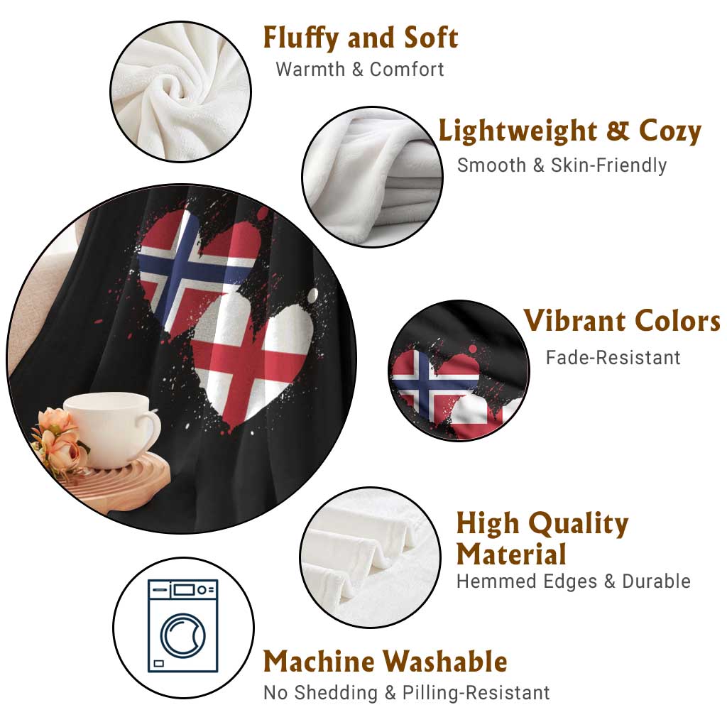 Distressed Norway and England Crossed Flags Dual Heart Graphic Throw Blanket Love Half Norwegian Half English Pride