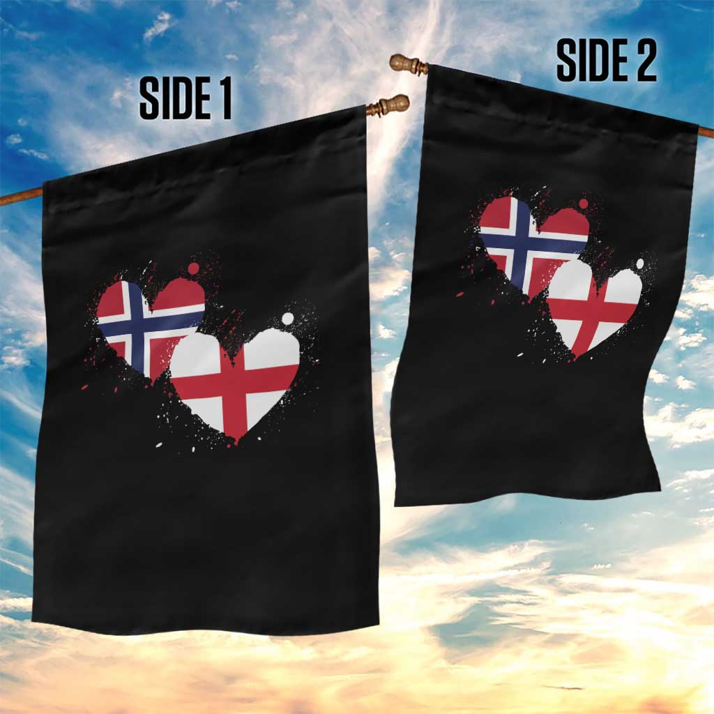Distressed Norway and England Crossed Flags Dual Heart Graphic Garden Flag Love Half Norwegian Half English Pride
