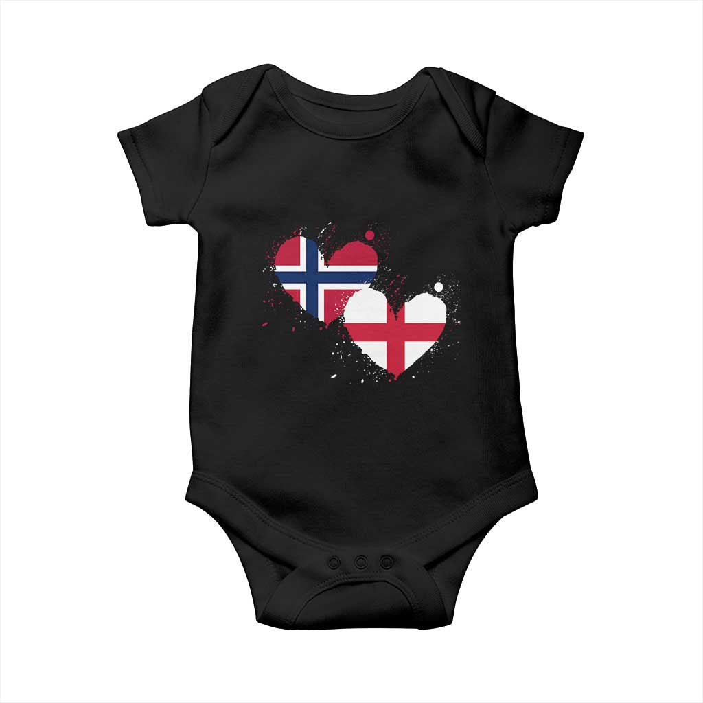 Distressed Norway and England Crossed Flags Dual Heart Graphic Baby Onesie Love Half Norwegian Half English Pride