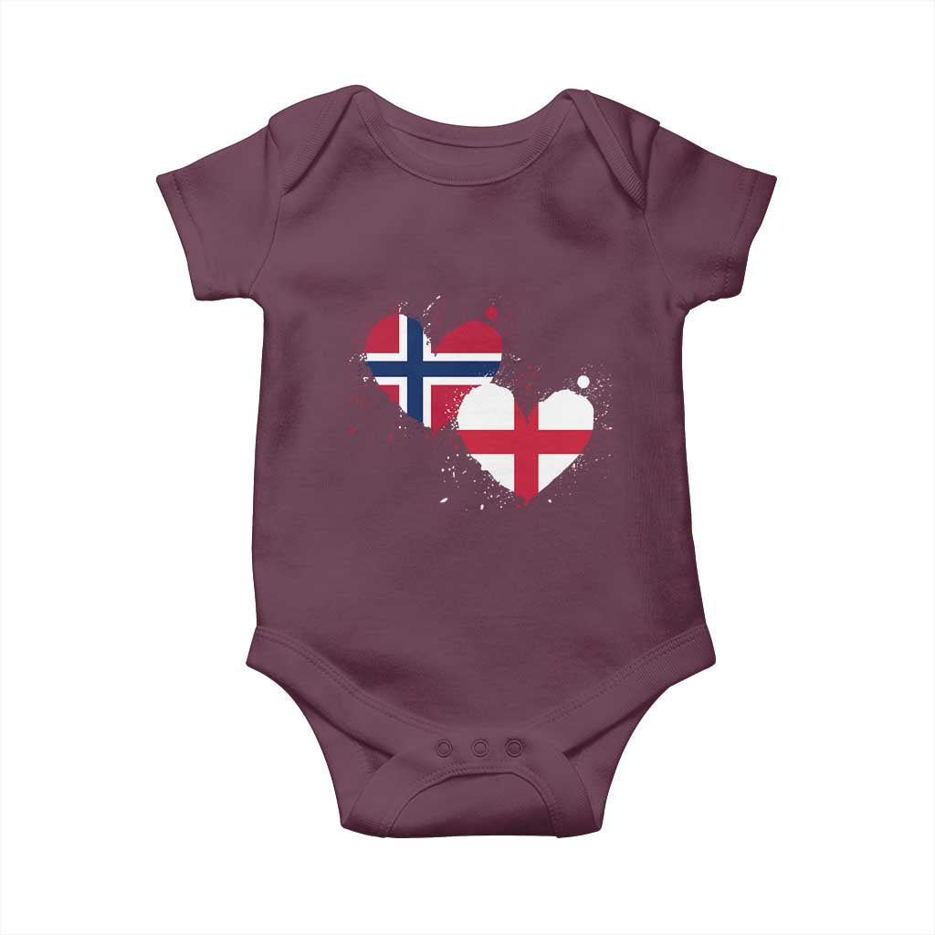 Distressed Norway and England Crossed Flags Dual Heart Graphic Baby Onesie Love Half Norwegian Half English Pride