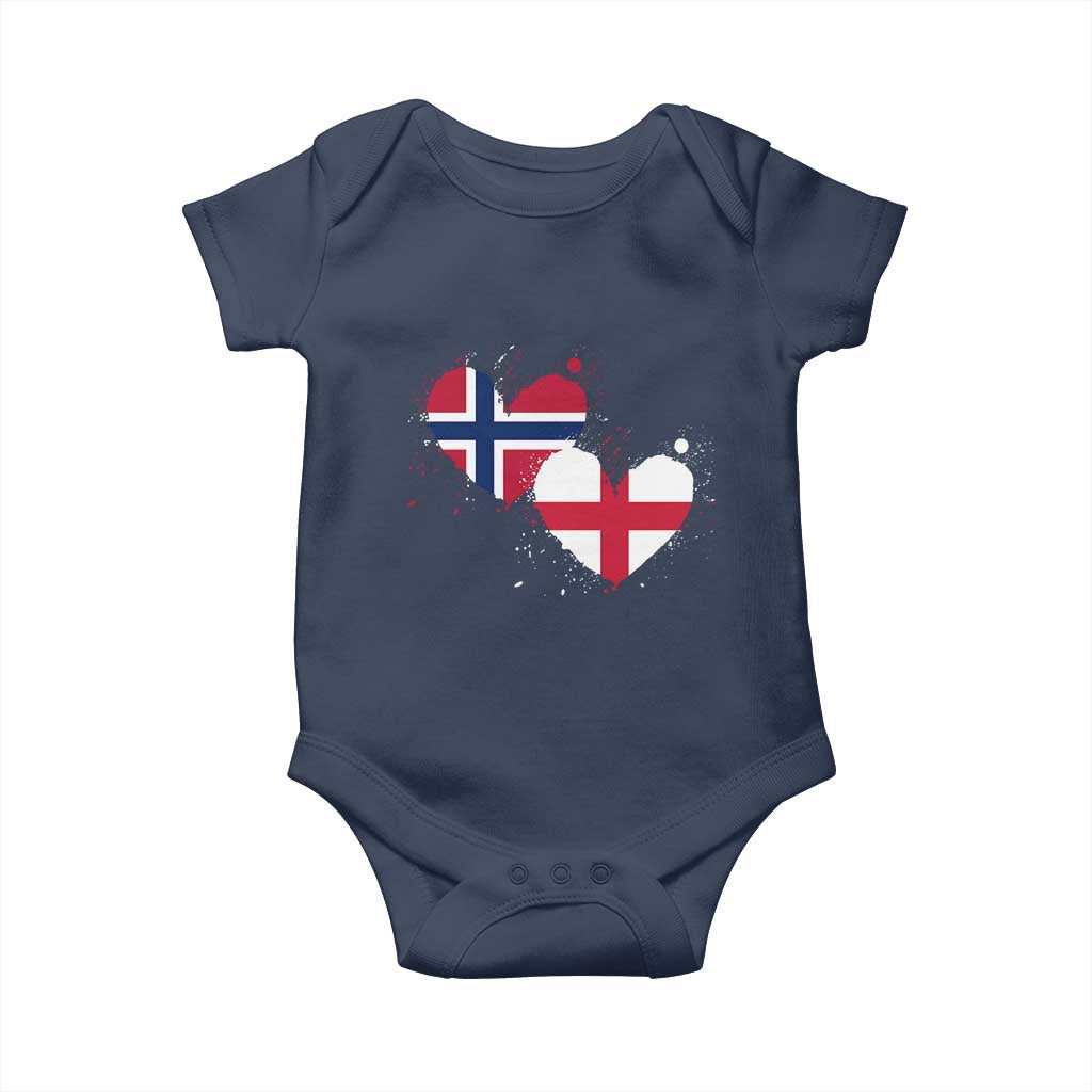 Distressed Norway and England Crossed Flags Dual Heart Graphic Baby Onesie Love Half Norwegian Half English Pride