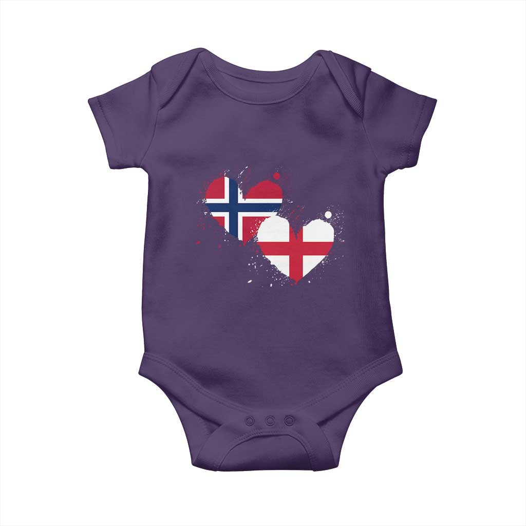 Distressed Norway and England Crossed Flags Dual Heart Graphic Baby Onesie Love Half Norwegian Half English Pride