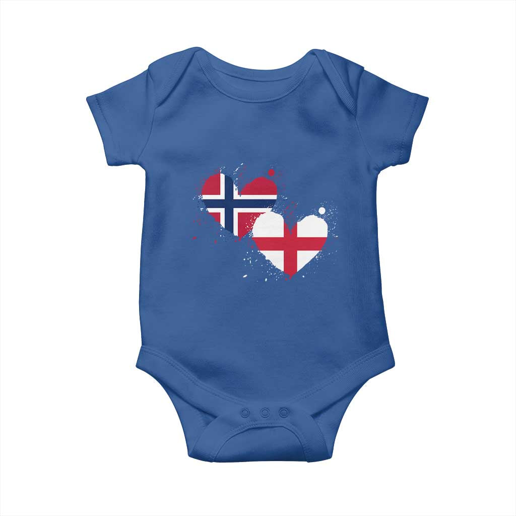 Distressed Norway and England Crossed Flags Dual Heart Graphic Baby Onesie Love Half Norwegian Half English Pride