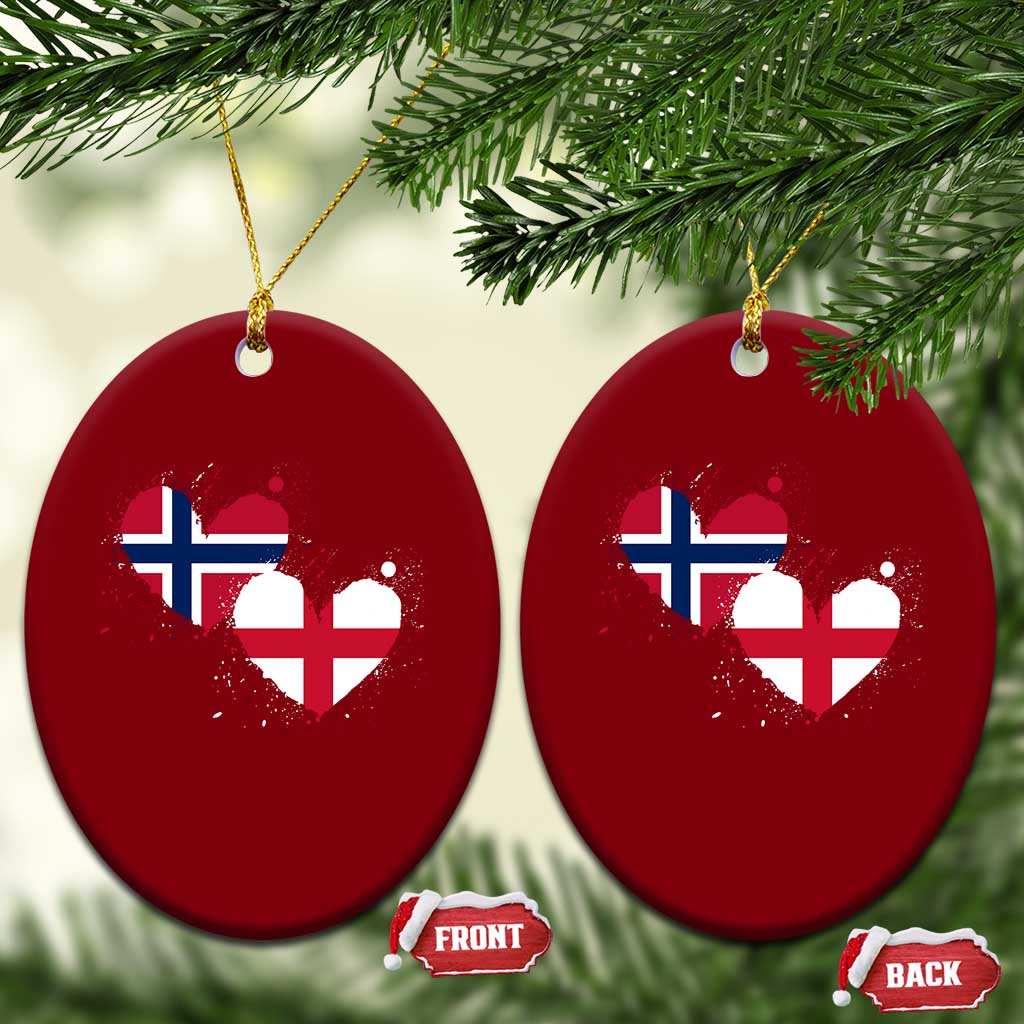 Distressed Norway and England Crossed Flags Dual Heart Graphic Ceramic Ornament Love Half Norwegian Half English Pride