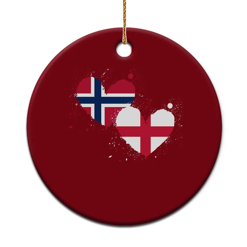 Distressed Norway and England Crossed Flags Dual Heart Graphic Ceramic Ornament Love Half Norwegian Half English Pride