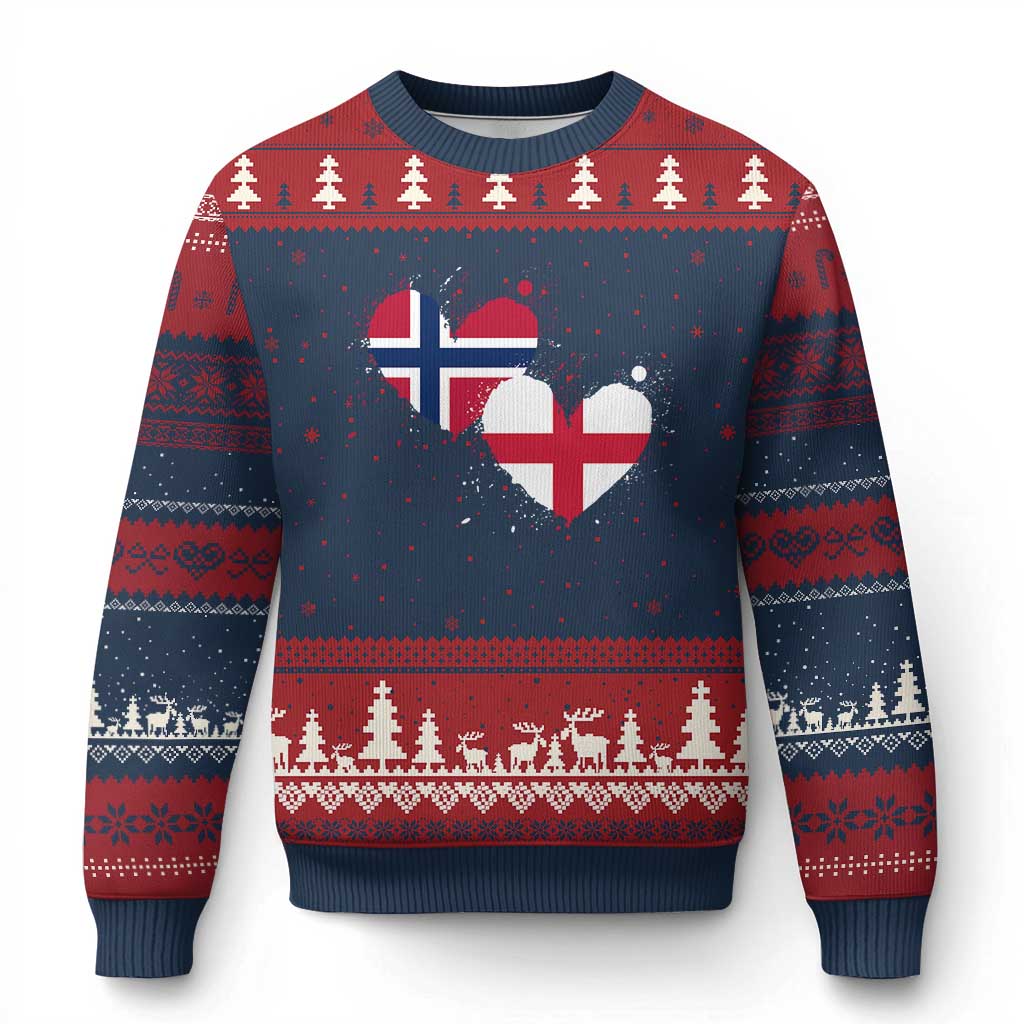 Distressed Norway and England Crossed Flags Dual Heart Graphic Ugly Christmas Sweater Love Half Norwegian Half English Pride