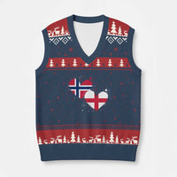 Distressed Norway and England Crossed Flags Dual Heart Graphic V-Neck Knit Sweater Vest Love Half Norwegian Half English Pride