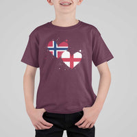 Distressed Norway and England Crossed Flags Dual Heart Graphic T Shirt For Kid Love Half Norwegian Half English Pride