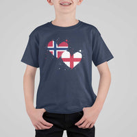 Distressed Norway and England Crossed Flags Dual Heart Graphic T Shirt For Kid Love Half Norwegian Half English Pride