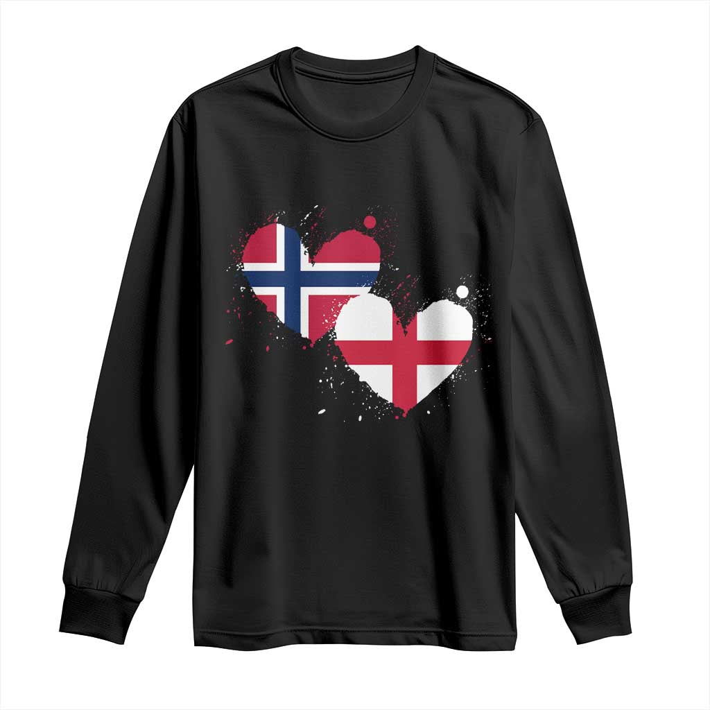Distressed Norway and England Crossed Flags Dual Heart Graphic Long Sleeve Shirt Love Half Norwegian Half English Pride