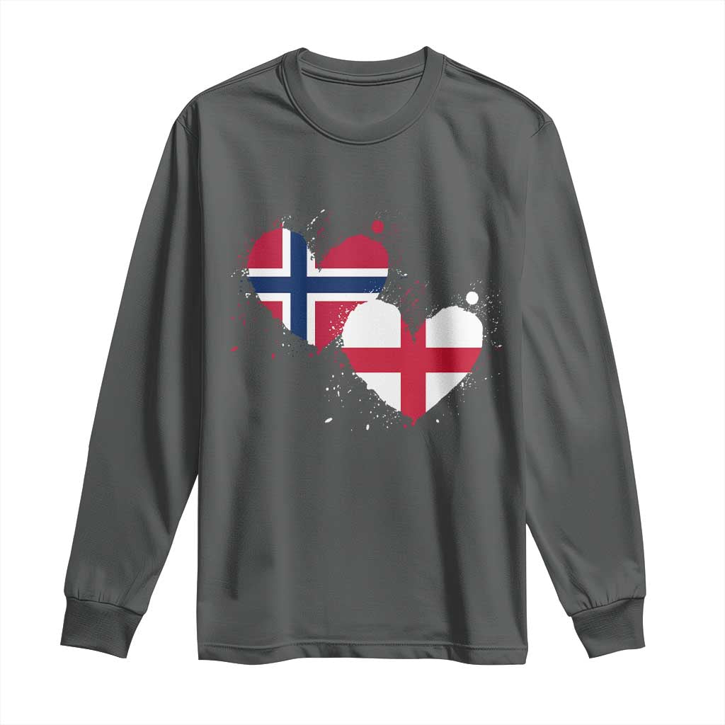 Distressed Norway and England Crossed Flags Dual Heart Graphic Long Sleeve Shirt Love Half Norwegian Half English Pride