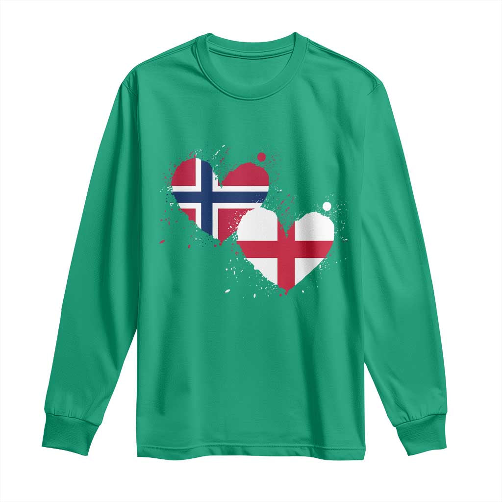 Distressed Norway and England Crossed Flags Dual Heart Graphic Long Sleeve Shirt Love Half Norwegian Half English Pride