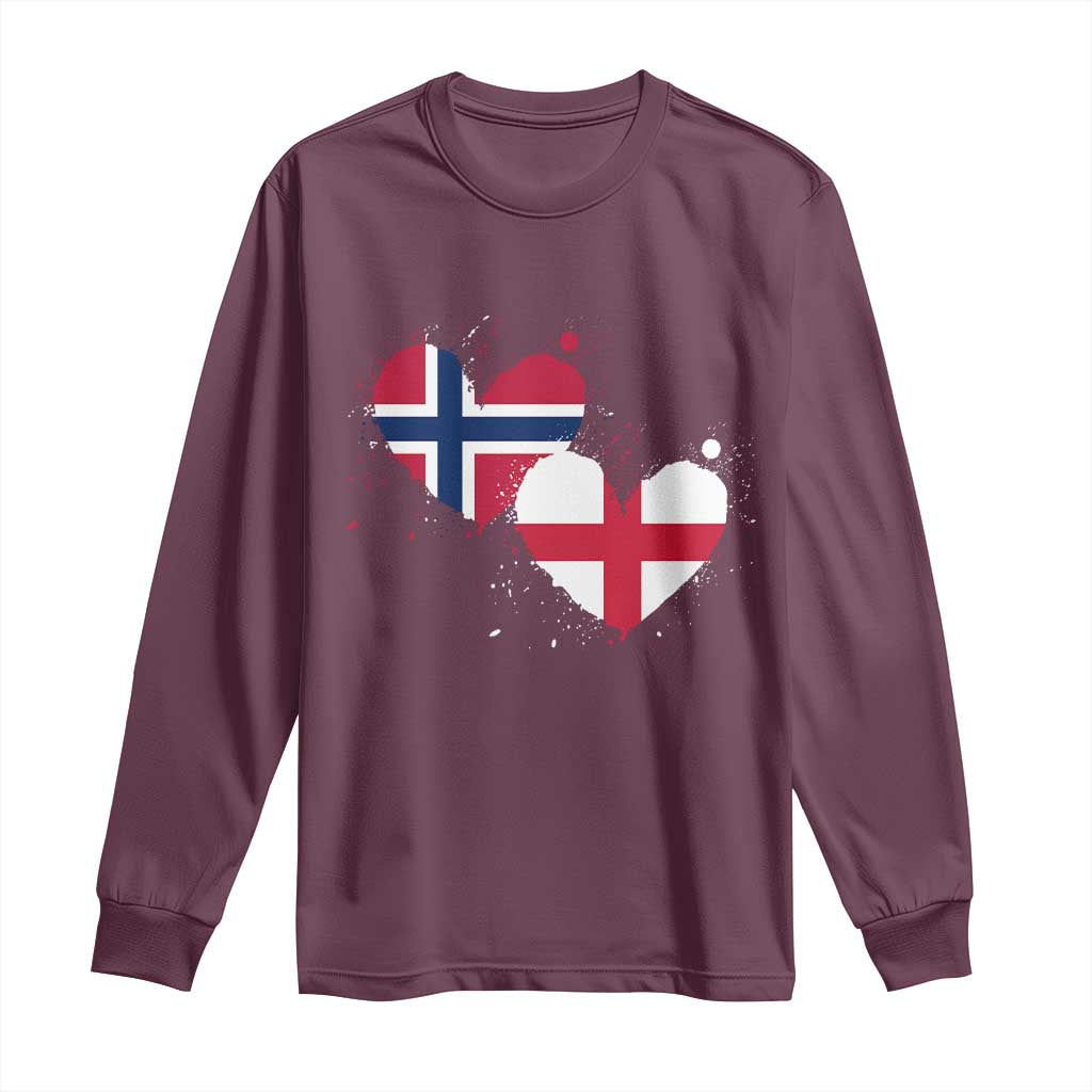 Distressed Norway and England Crossed Flags Dual Heart Graphic Long Sleeve Shirt Love Half Norwegian Half English Pride