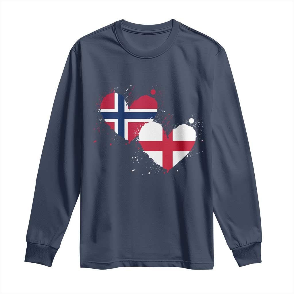 Distressed Norway and England Crossed Flags Dual Heart Graphic Long Sleeve Shirt Love Half Norwegian Half English Pride