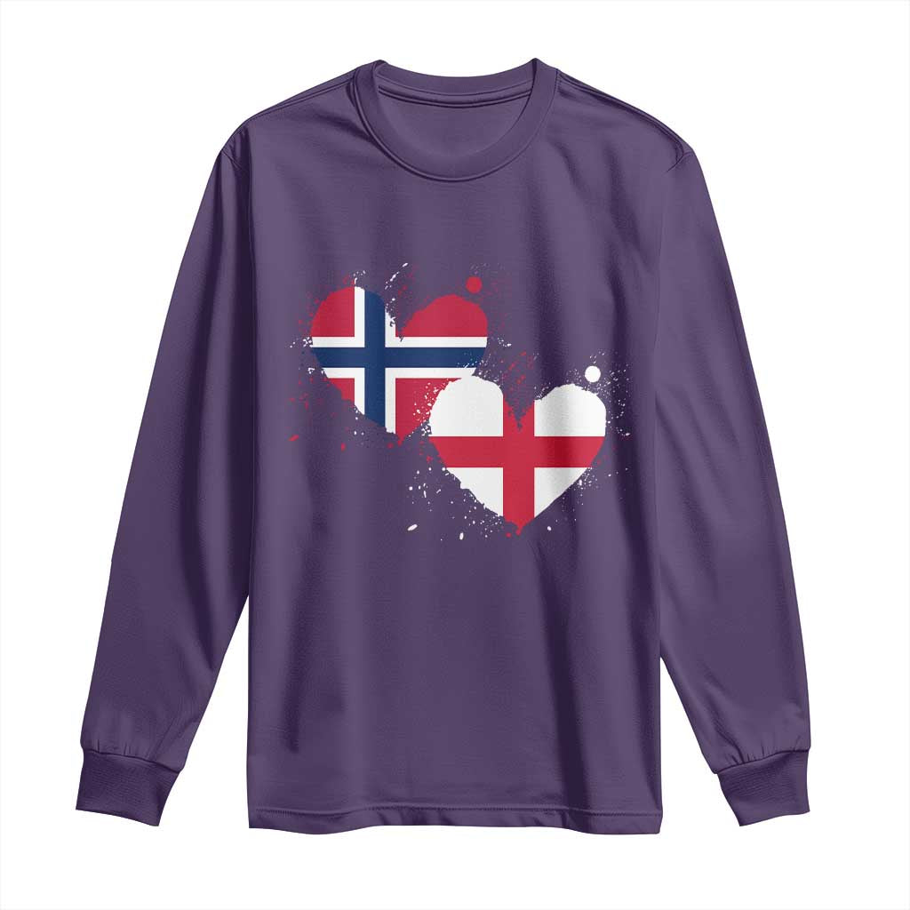 Distressed Norway and England Crossed Flags Dual Heart Graphic Long Sleeve Shirt Love Half Norwegian Half English Pride