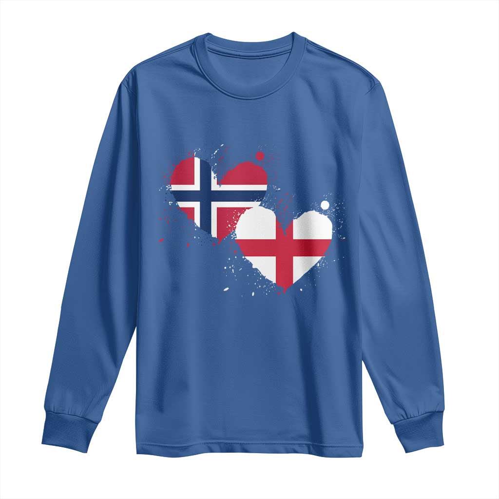 Distressed Norway and England Crossed Flags Dual Heart Graphic Long Sleeve Shirt Love Half Norwegian Half English Pride