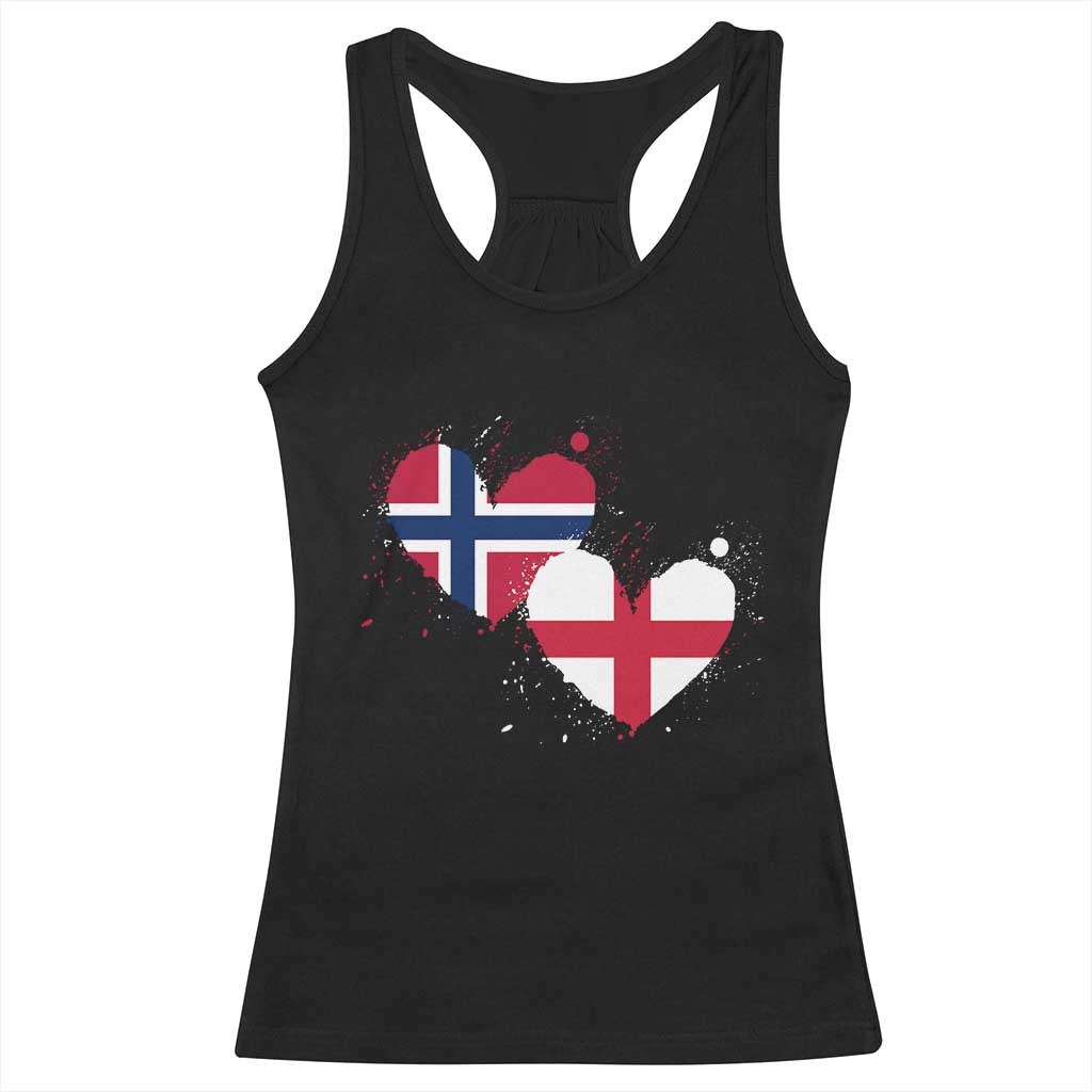 Distressed Norway and England Crossed Flags Dual Heart Graphic Racerback Tank Top Love Half Norwegian Half English Pride