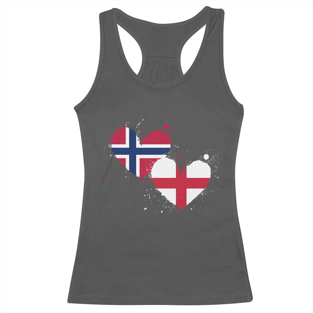 Distressed Norway and England Crossed Flags Dual Heart Graphic Racerback Tank Top Love Half Norwegian Half English Pride