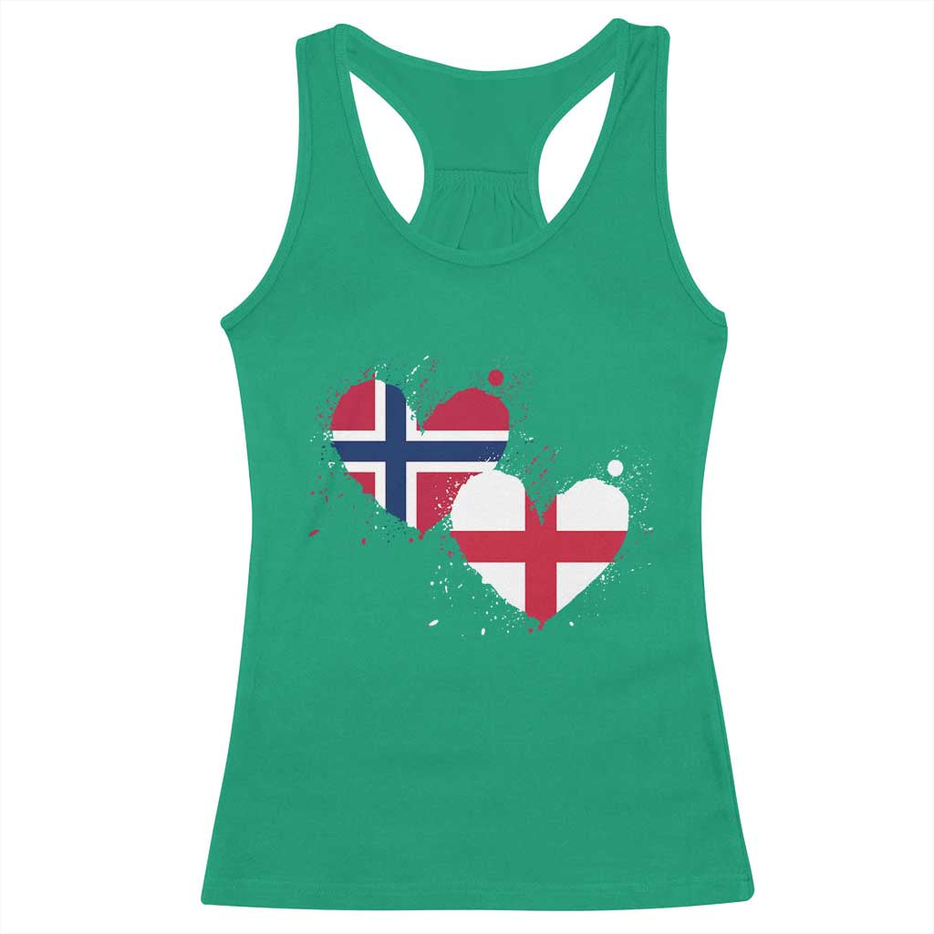 Distressed Norway and England Crossed Flags Dual Heart Graphic Racerback Tank Top Love Half Norwegian Half English Pride