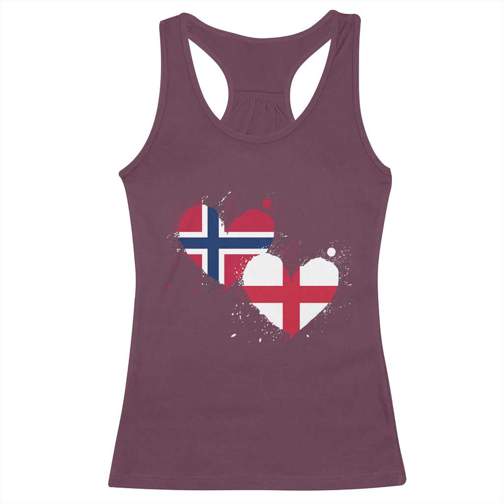 Distressed Norway and England Crossed Flags Dual Heart Graphic Racerback Tank Top Love Half Norwegian Half English Pride