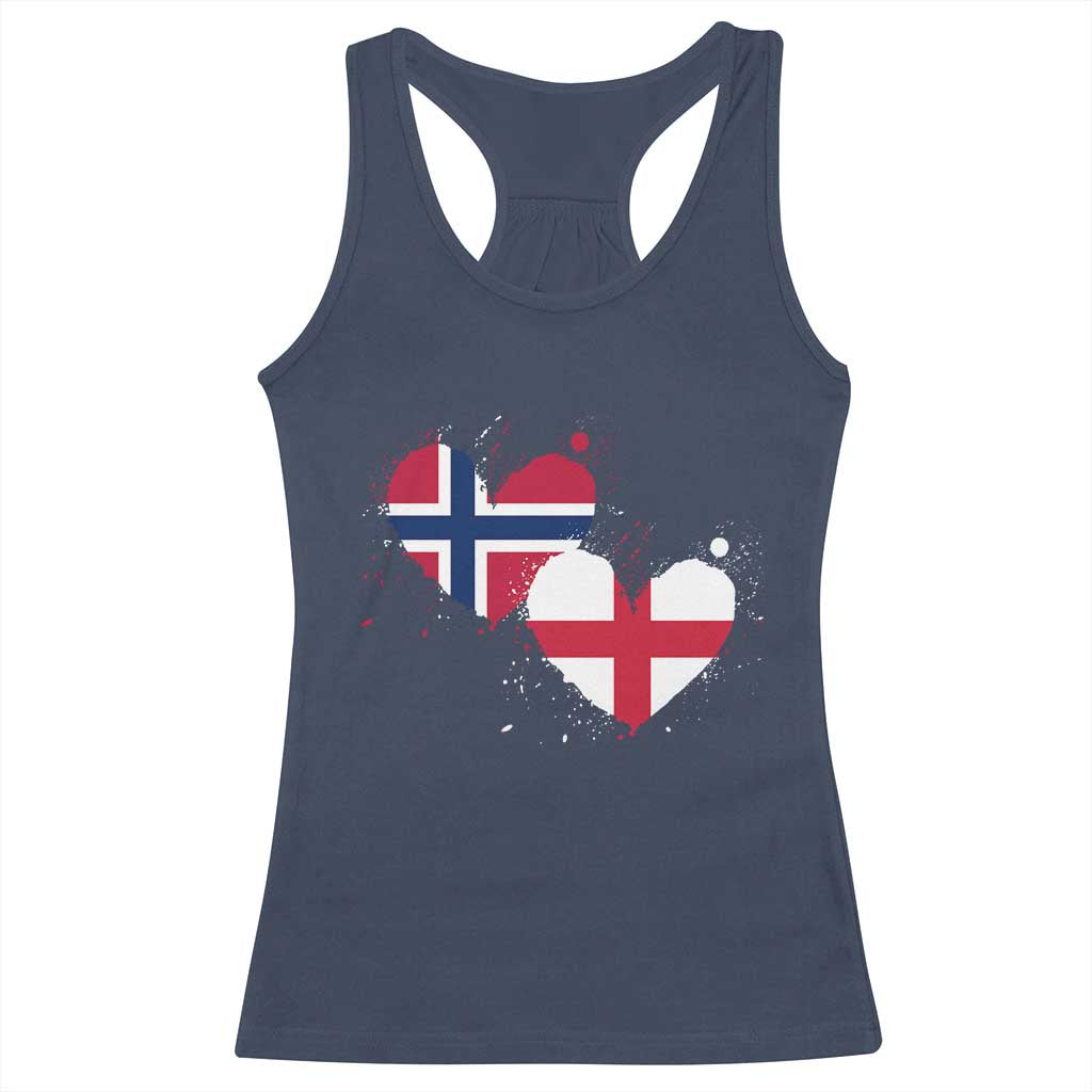 Distressed Norway and England Crossed Flags Dual Heart Graphic Racerback Tank Top Love Half Norwegian Half English Pride