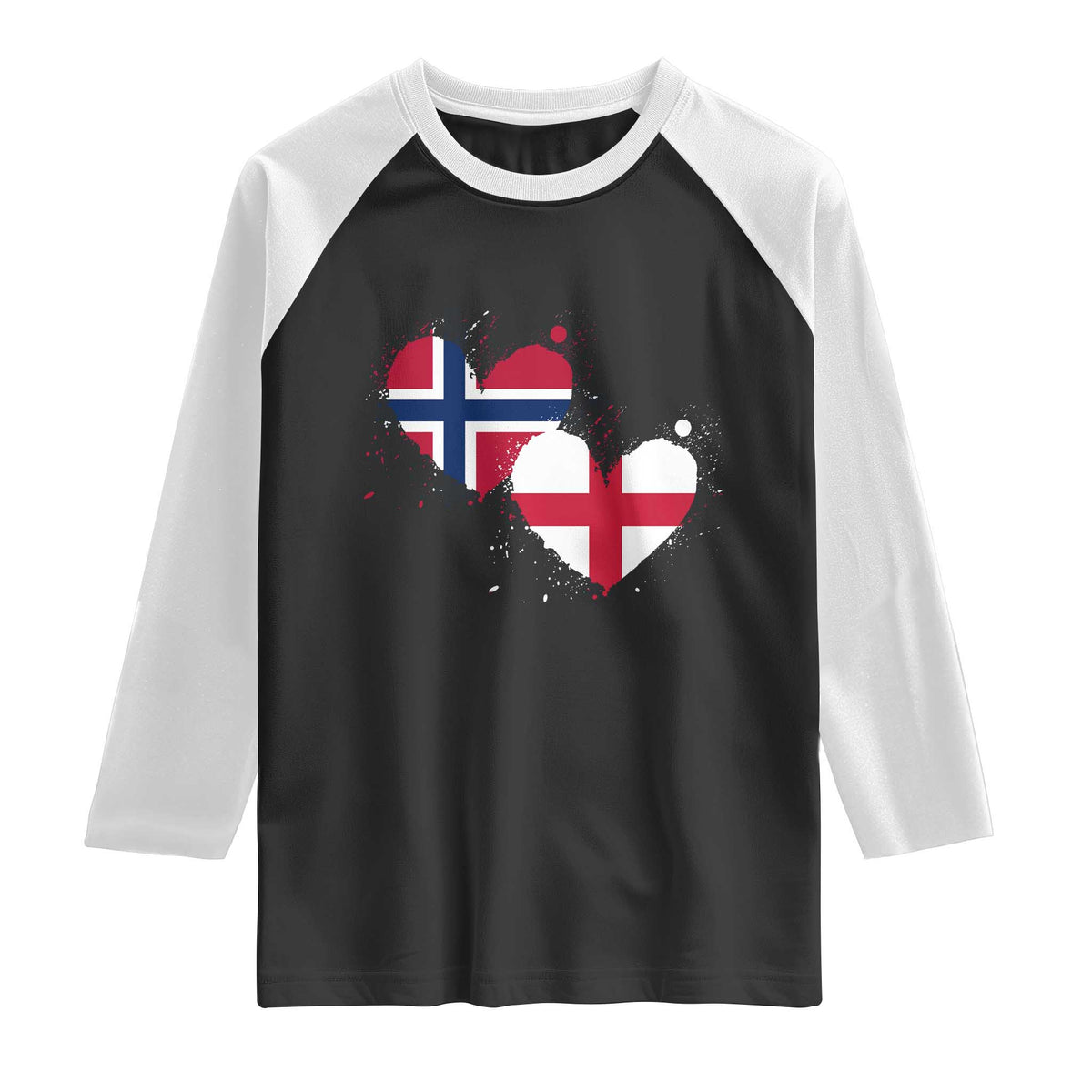Distressed Norway and England Crossed Flags Dual Heart Graphic Raglan Shirt Love Half Norwegian Half English Pride