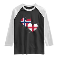 Distressed Norway and England Crossed Flags Dual Heart Graphic Raglan Shirt Love Half Norwegian Half English Pride