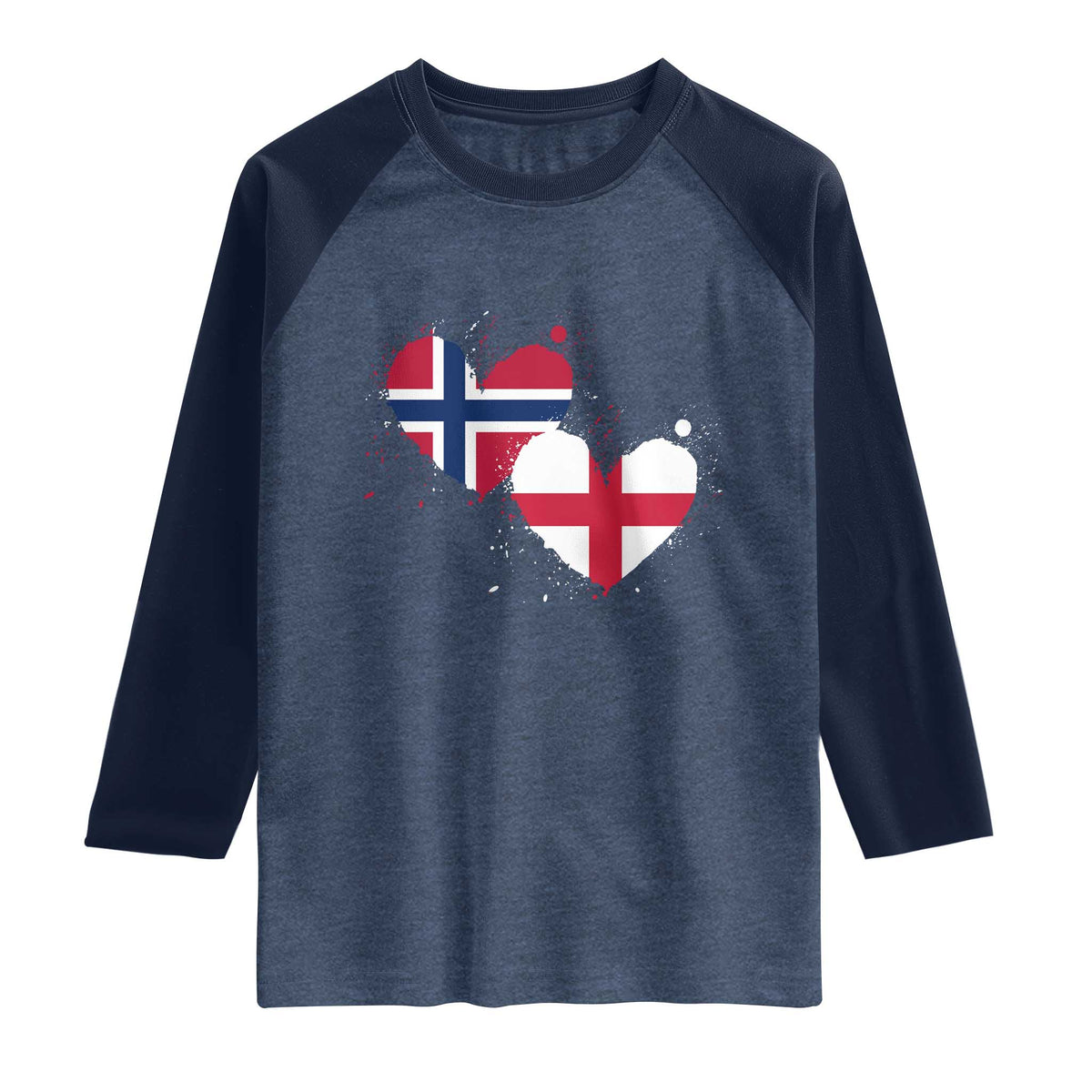 Distressed Norway and England Crossed Flags Dual Heart Graphic Raglan Shirt Love Half Norwegian Half English Pride