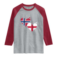 Distressed Norway and England Crossed Flags Dual Heart Graphic Raglan Shirt Love Half Norwegian Half English Pride