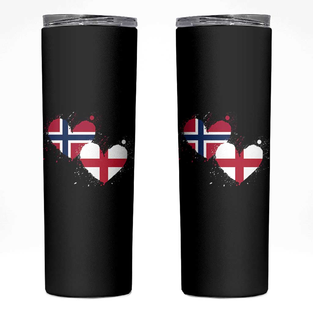 Distressed Norway and England Crossed Flags Dual Heart Graphic Skinny Tumbler Love Half Norwegian Half English Pride