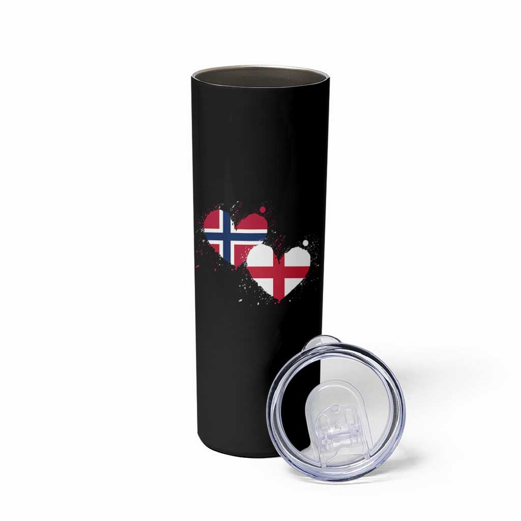 Distressed Norway and England Crossed Flags Dual Heart Graphic Skinny Tumbler Love Half Norwegian Half English Pride